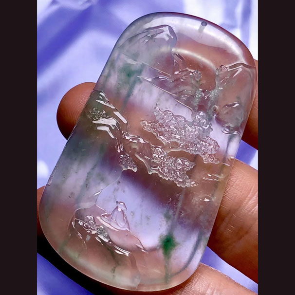 玻璃底翡翠山水牌， 德艺琳雕刻， 59-35.6-5.8mm_石晶缘珠宝翡翠网